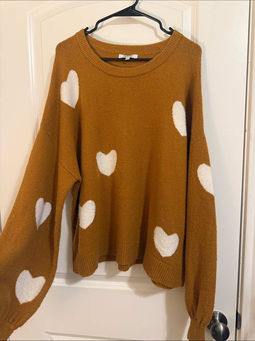 Madewell Camel Crewneck Sweater with White Heart Print